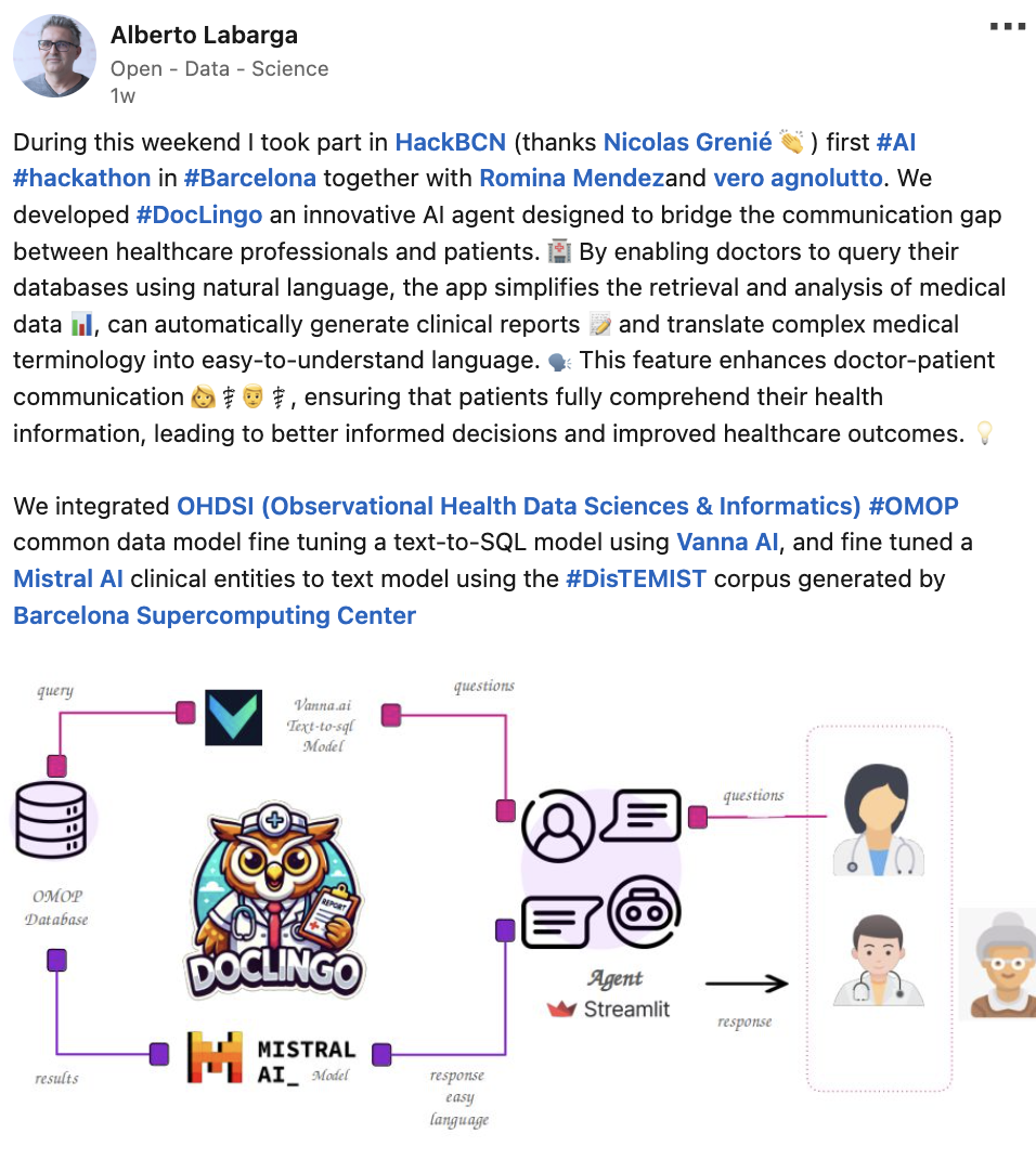 Alberto Labarga's LinkedIn post about HackBarna